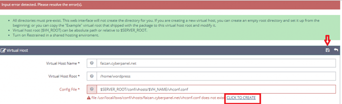 click to create option in virtual host