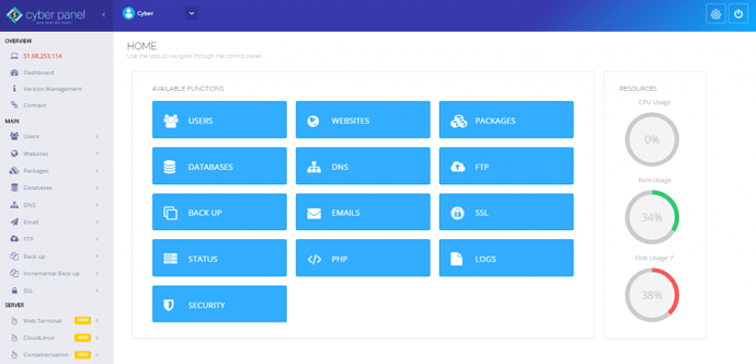 CyberPanel Features (Main Dashboard)