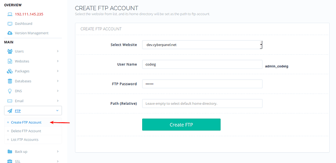 create ftp account cyberpanel 1