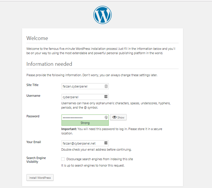 Wordpress installation and configuration from interface