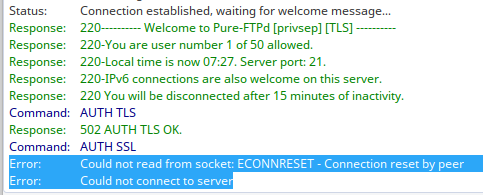 Błąd protokołu przesyłania plików resetowania serwera połączenia
